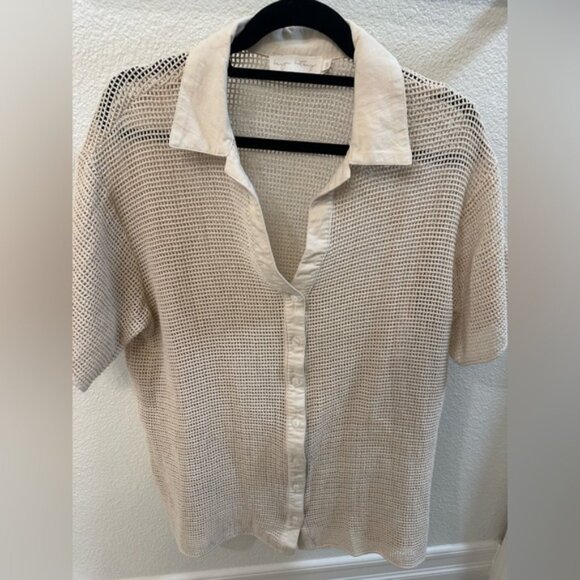 Tan Cream Crochet Button Down Bathing Suit Cover - Picture 1 of 2